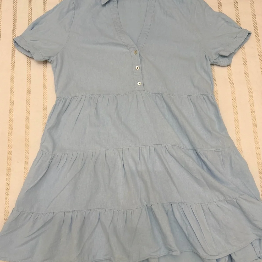 ZARA Linen Blend Tiered Babydoll Mini Dress Blue Medium Coastal Summer - Picture 2 of 7